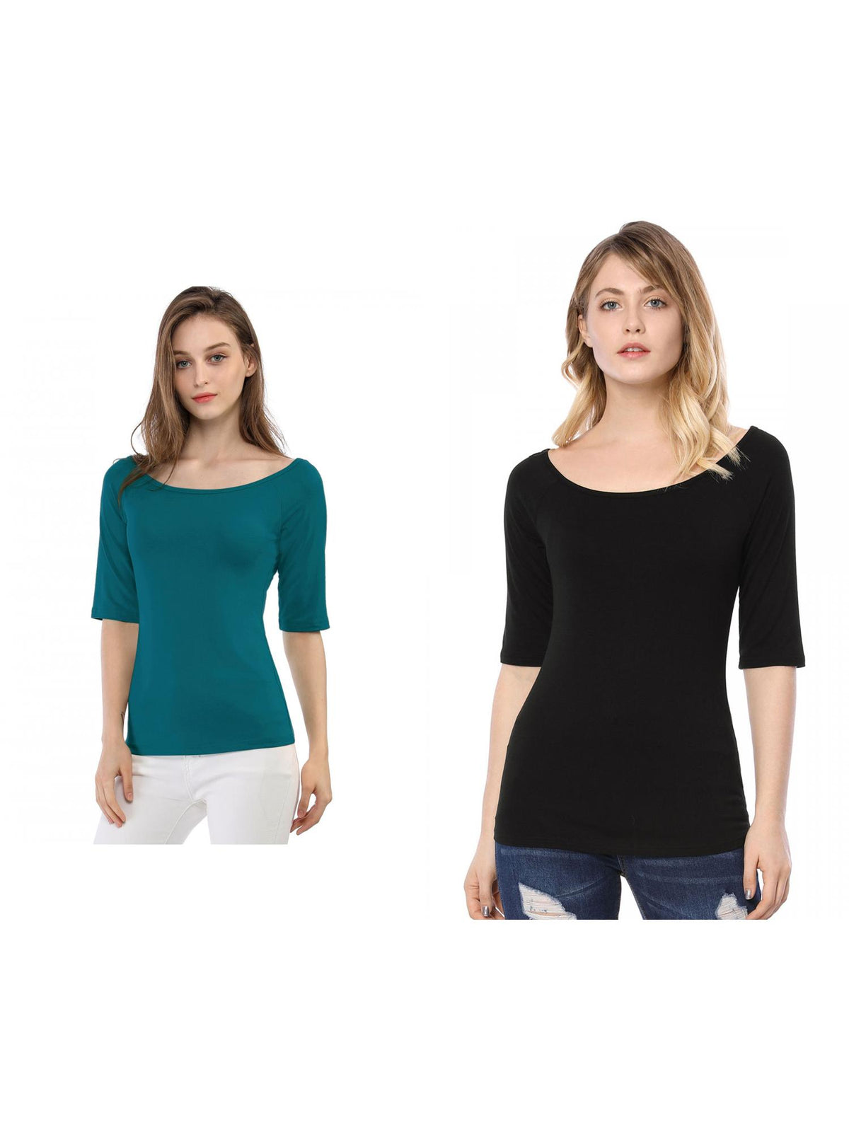 [PACK SALES] Women's 2 Pieces Half Sleeves Boat Neck Fitted Layering Top T-Shirt