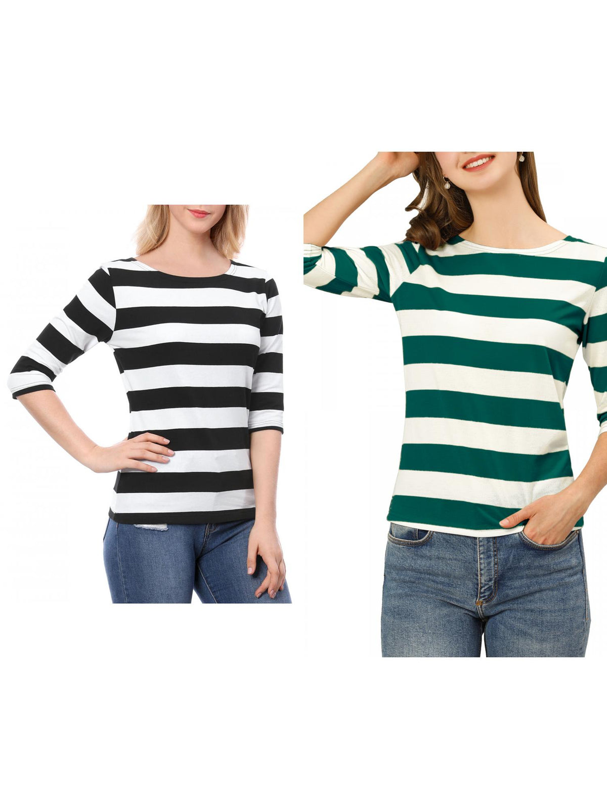 [PACK SALES] Women's 2 Pieces Boat Neck Elbow Sleeves Slim Fit Stripes T-Shirt