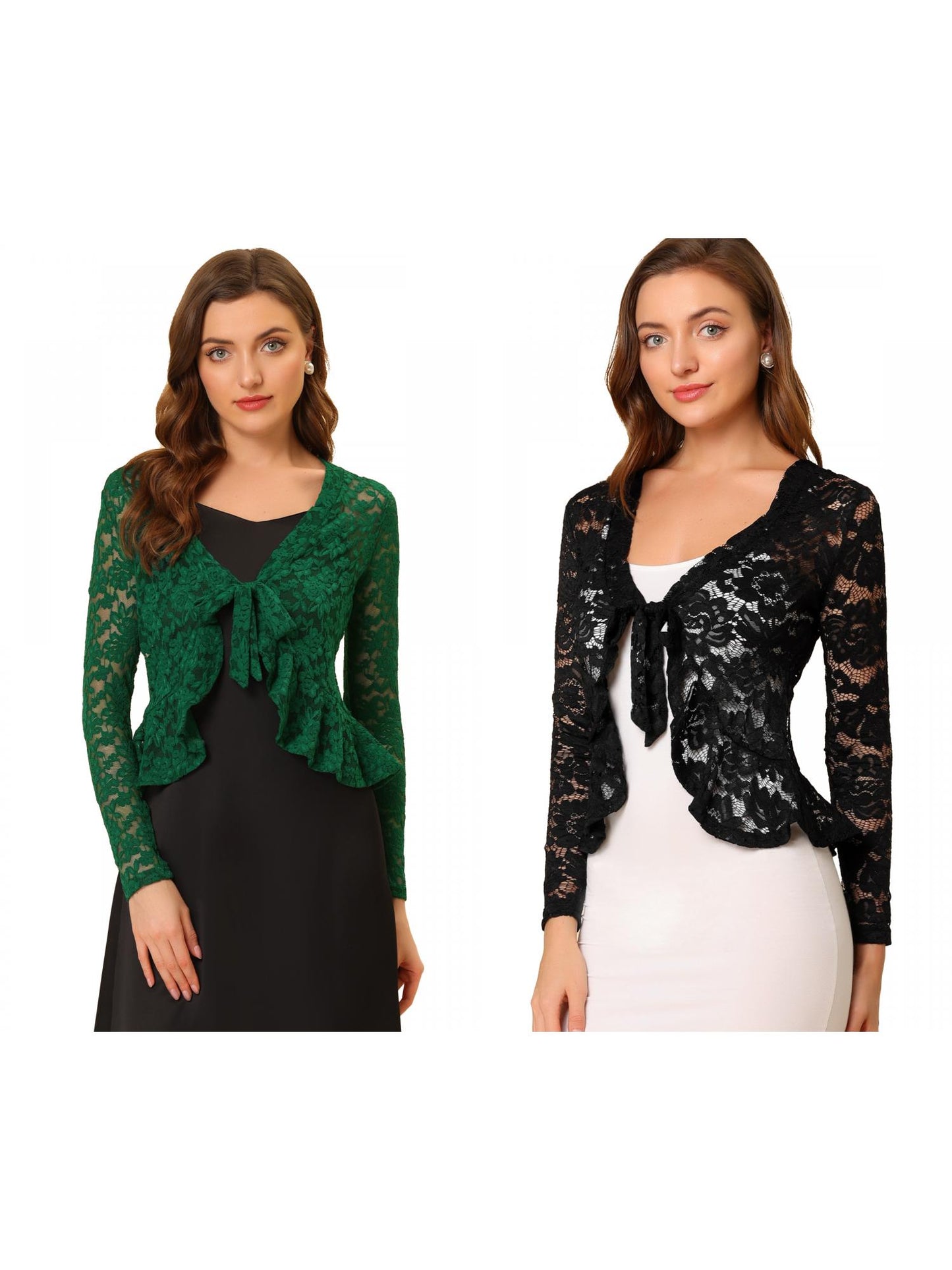 [PACK SALES] Women's 2 Pieces Tie Front Ruffled Hem Floral Lace Sheer Shrug Cropped Cardigan