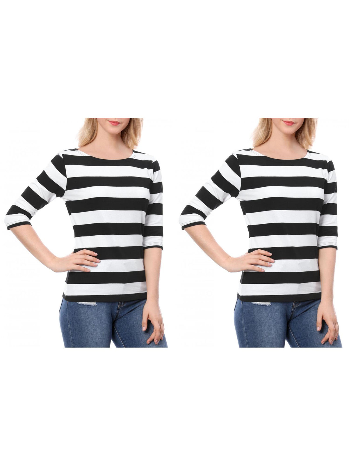 [PACK SALES] Women's 2 Pieces Boat Neck Elbow Sleeves Slim Fit Stripes T-Shirt