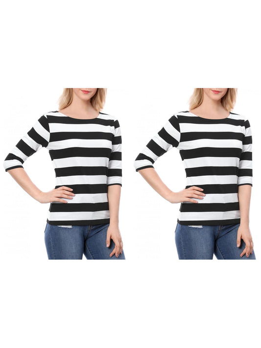 [PACK SALES] Women's 2 Pieces Boat Neck Elbow Sleeves Slim Fit Stripes T-Shirt