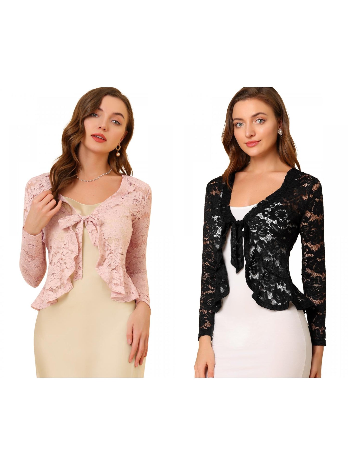 [PACK SALES] Women's 2 Pieces Tie Front Ruffled Hem Floral Lace Sheer Shrug Cropped Cardigan