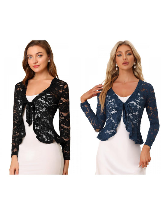 [PACK SALES] Women's 2 Pieces Tie Front Ruffled Hem Floral Lace Sheer Shrug Cropped Cardigan