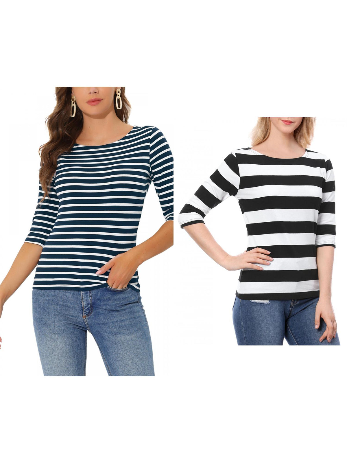 [PACK SALES] Women's 2 Pieces Boat Neck Elbow Sleeves Slim Fit Stripes T-Shirt