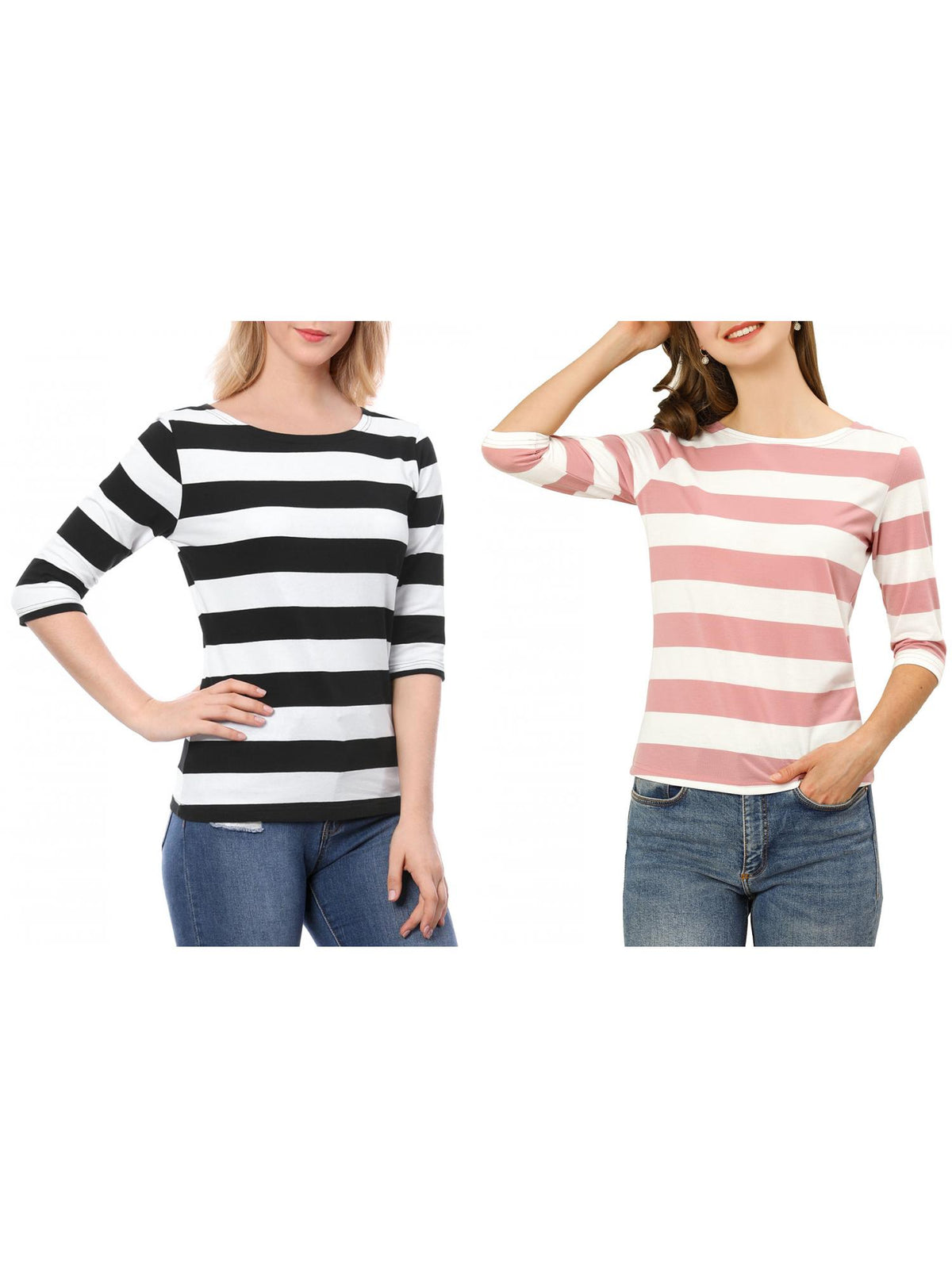 [PACK SALES] Women's 2 Pieces Boat Neck Elbow Sleeves Slim Fit Stripes T-Shirt