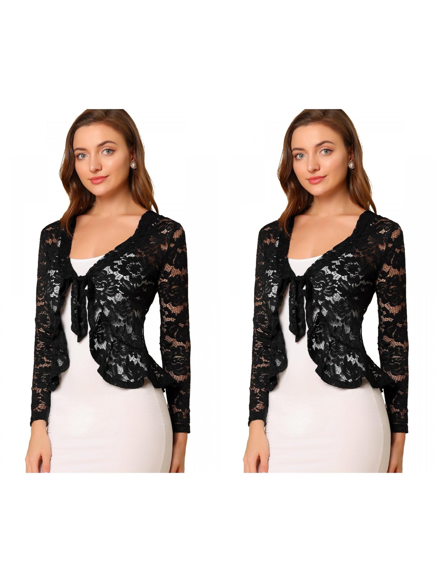 [PACK SALES] Women's 2 Pieces Tie Front Ruffled Hem Floral Lace Sheer Shrug Cropped Cardigan