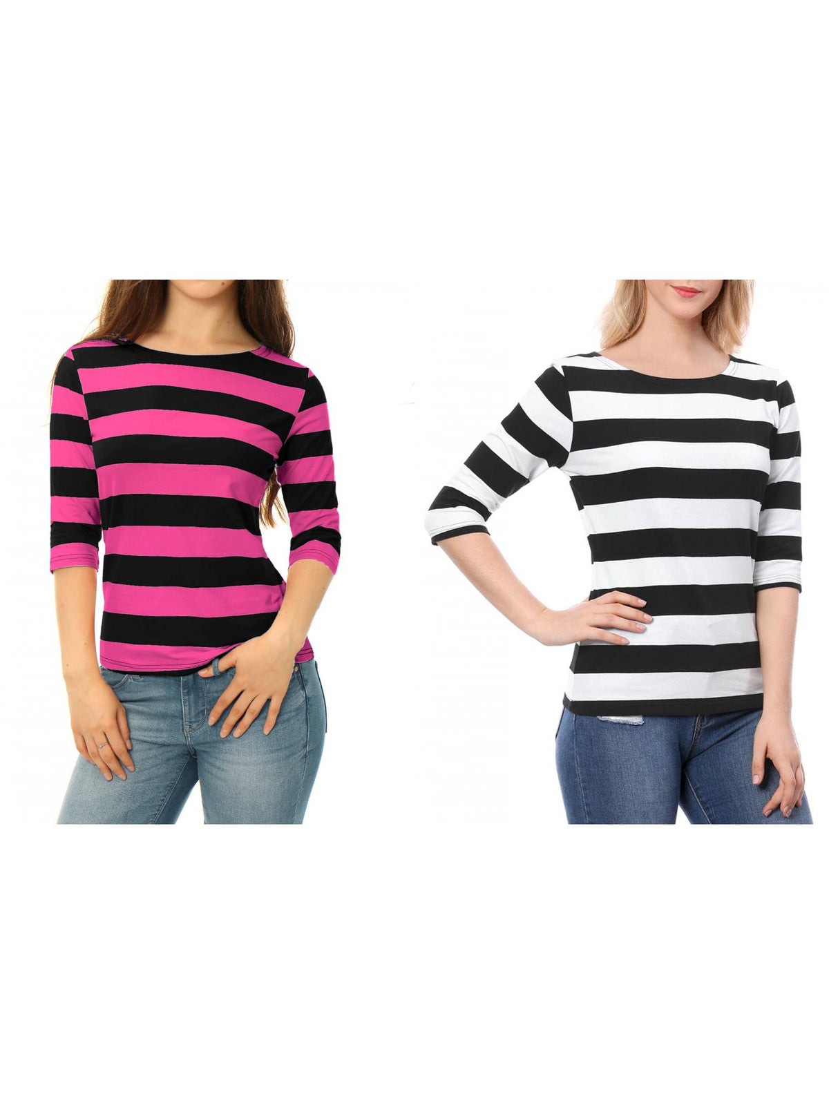 [PACK SALES] Women's 2 Pieces Boat Neck Elbow Sleeves Slim Fit Stripes T-Shirt