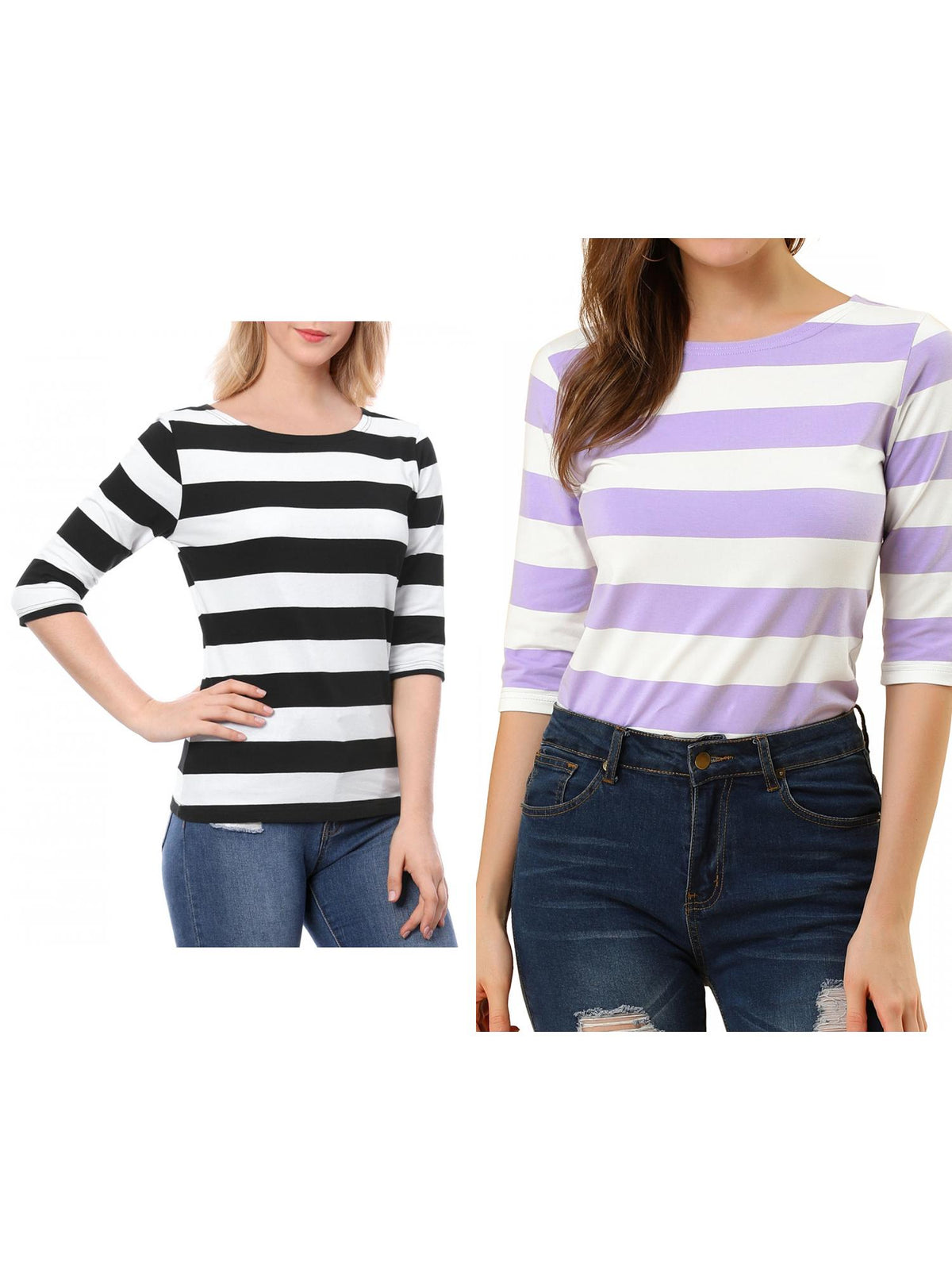 [PACK SALES] Women's 2 Pieces Boat Neck Elbow Sleeves Slim Fit Stripes T-Shirt
