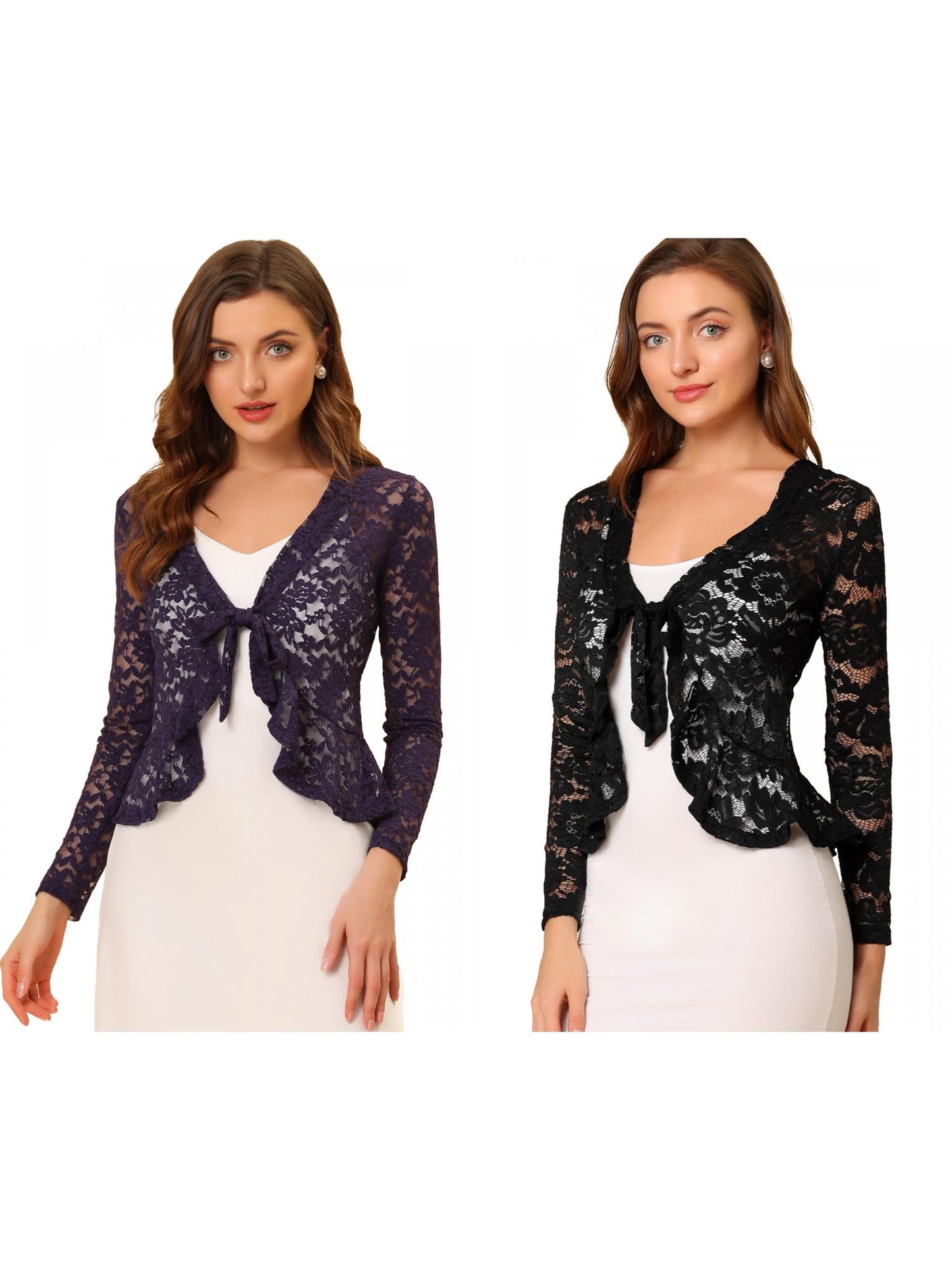 [PACK SALES] Women's 2 Pieces Tie Front Ruffled Hem Floral Lace Sheer Shrug Cropped Cardigan