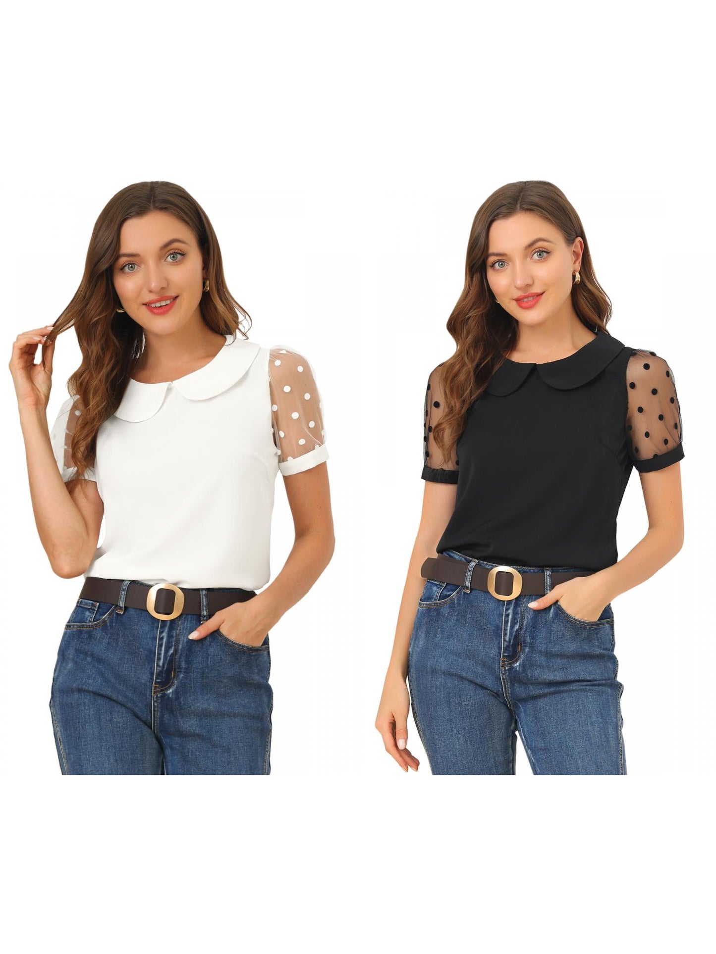 [PACK SALES] Women's 2 Pieces Polka Dots Peter Pan Collar Mesh Puff Short Sleeve Blouse
