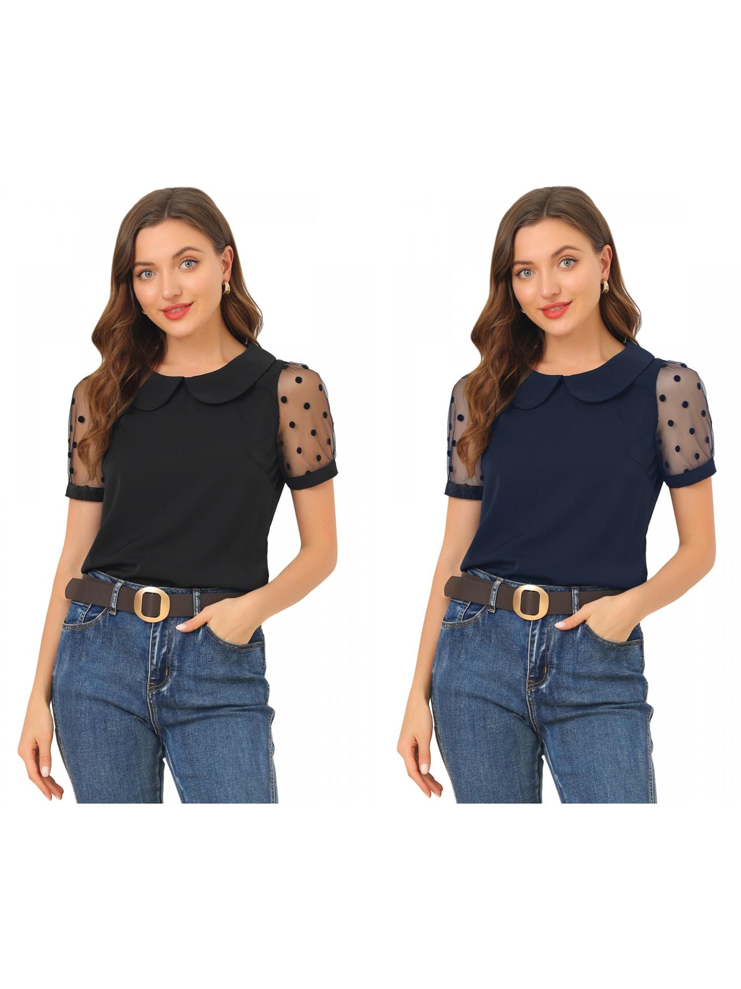 [PACK SALES] Women's 2 Pieces Polka Dots Peter Pan Collar Mesh Puff Short Sleeve Blouse