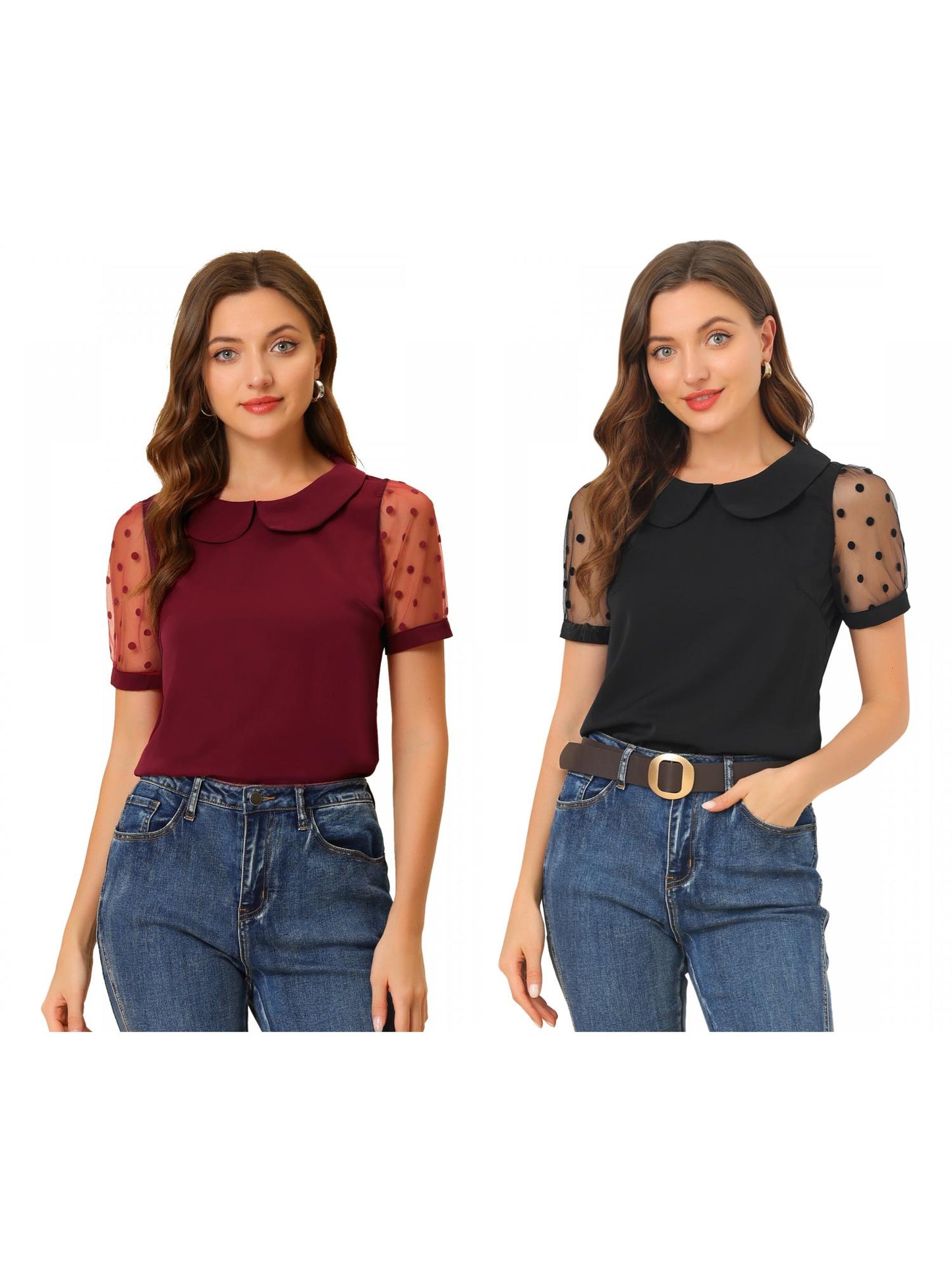 [PACK SALES] Women's 2 Pieces Polka Dots Peter Pan Collar Mesh Puff Short Sleeve Blouse
