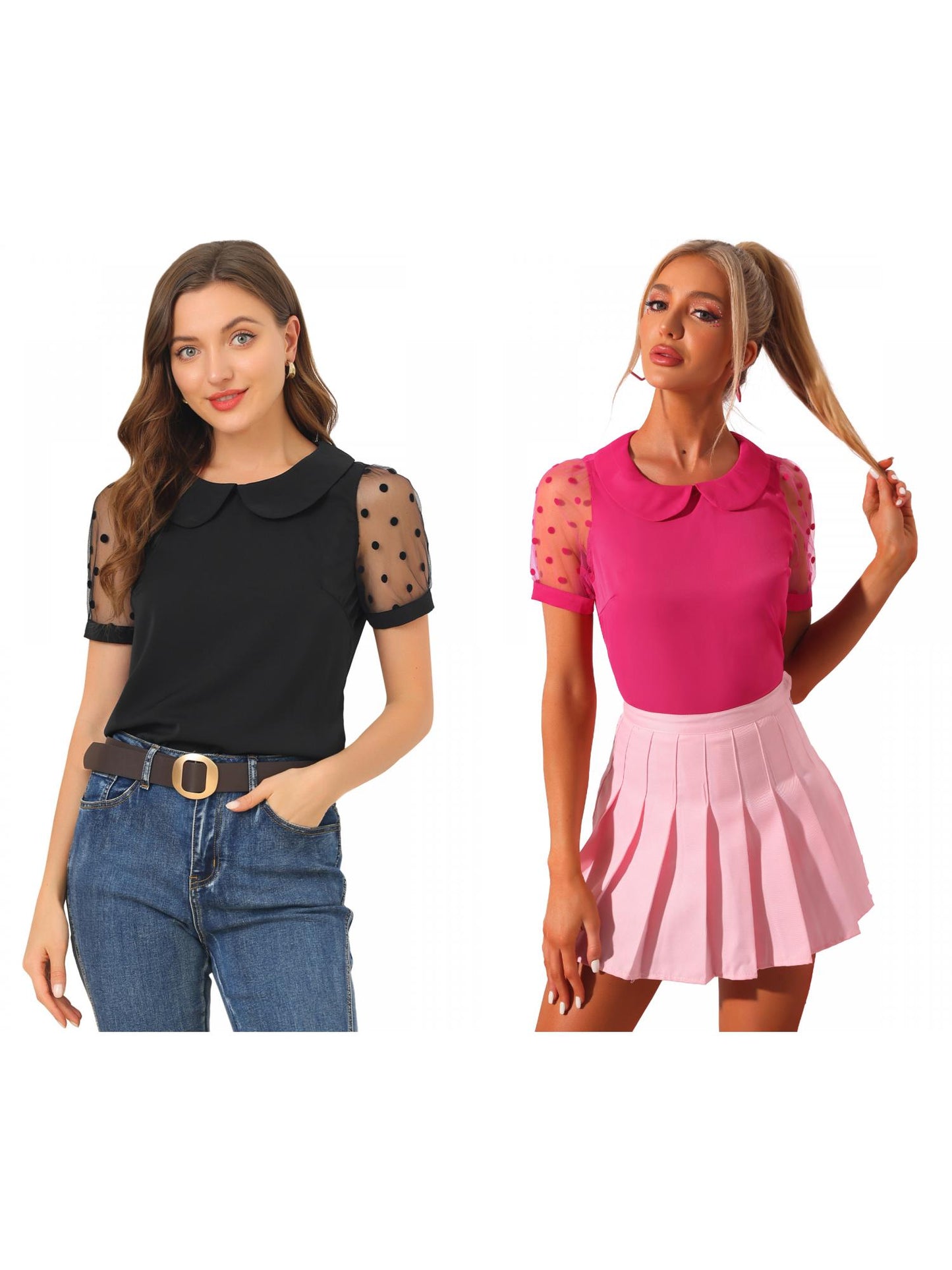 [PACK SALES] Women's 2 Pieces Polka Dots Peter Pan Collar Mesh Puff Short Sleeve Blouse