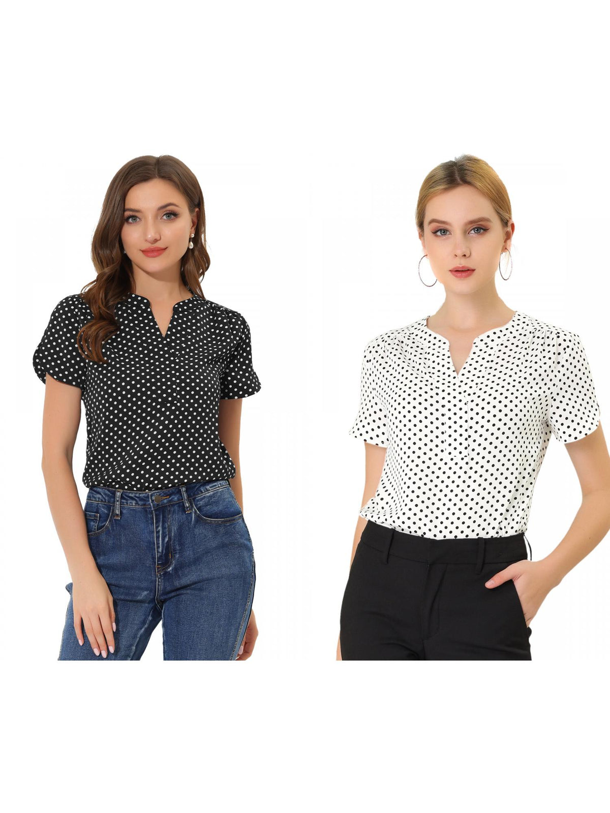 [PACK SALES] Women's 2 Pieces Dots Printed V Neck Short Sleeve Work Office Blouse Top