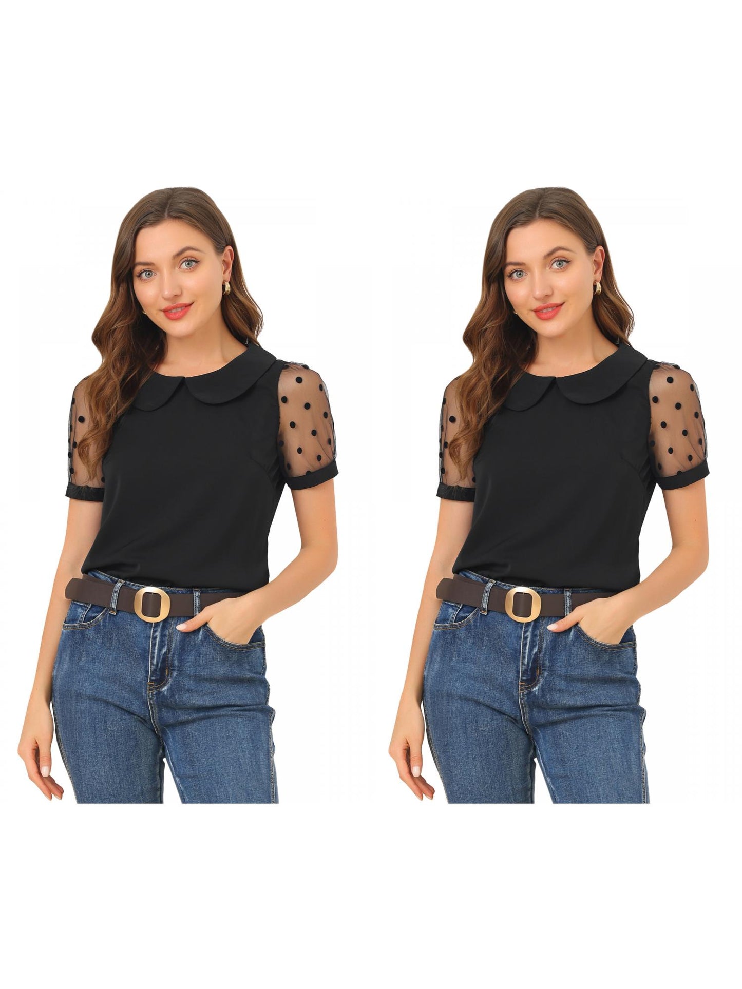 [PACK SALES] Women's 2 Pieces Polka Dots Peter Pan Collar Mesh Puff Short Sleeve Blouse