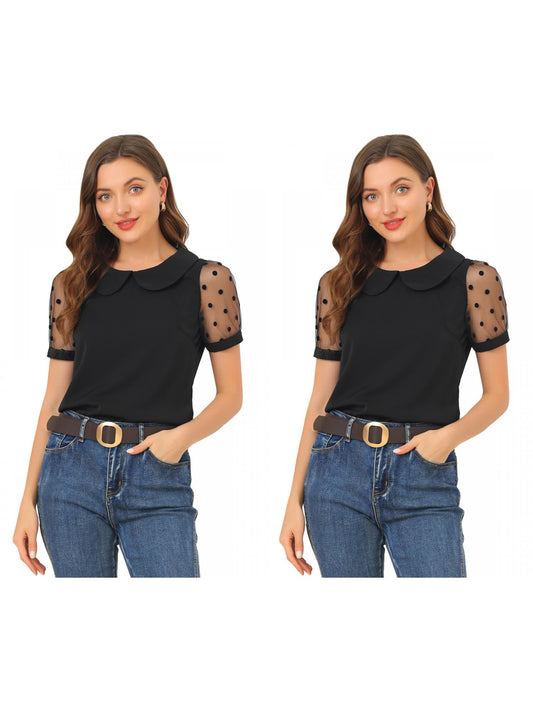 [PACK SALES] Women's 2 Pieces Polka Dots Peter Pan Collar Mesh Puff Short Sleeve Blouse