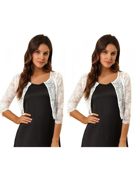 [PACK SALES] Women's 2 Pieces Open Front 3/4 Sleeve Sheer Floral Lace Cropped Shrug Cardigan