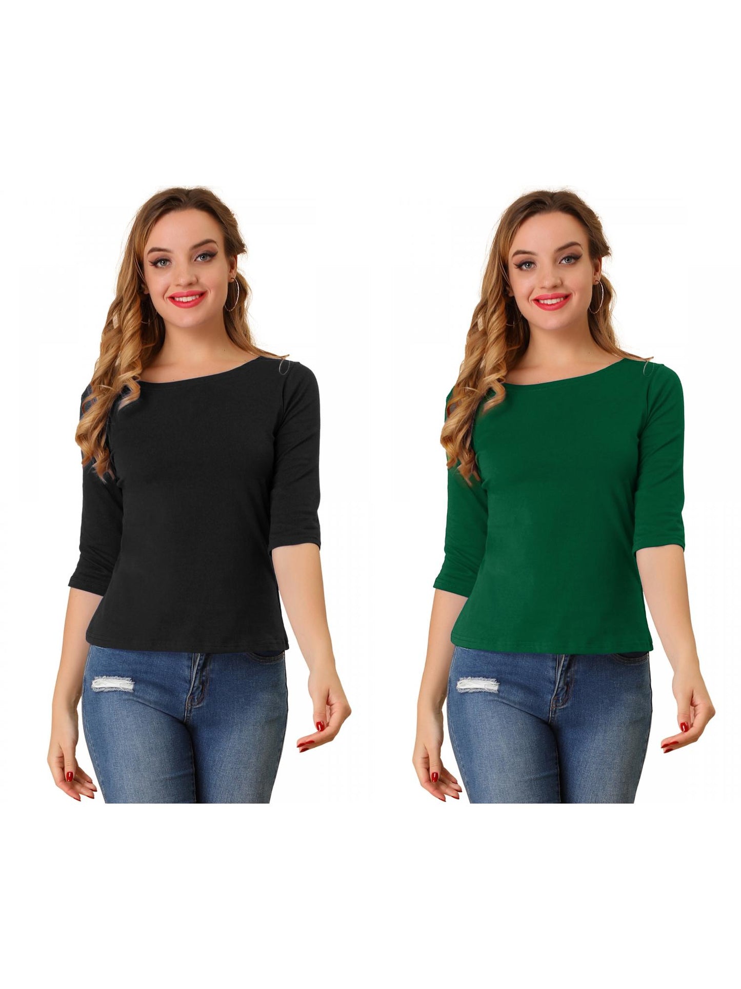 [PACK SALES] Women's 2 Pieces Elbow Sleeves Boat Neck Slim Fit Classic Tee