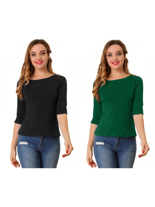 [PACK SALES] Women's 2 Pieces Elbow Sleeves Boat Neck Slim Fit Classic Tee
