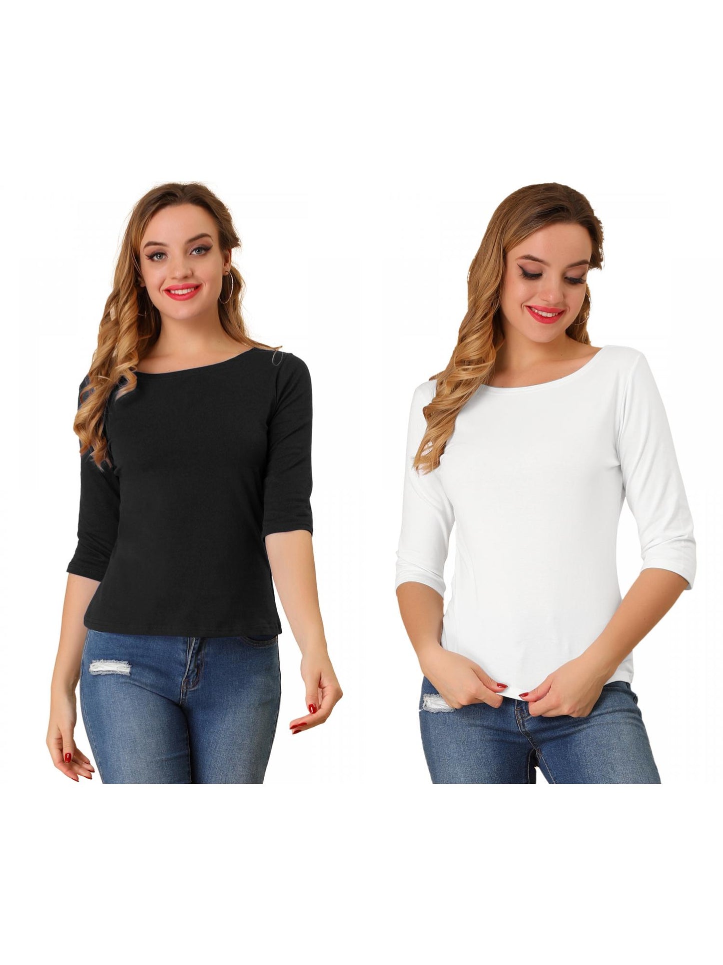 [PACK SALES] Women's 2 Pieces Elbow Sleeves Boat Neck Slim Fit Classic Tee