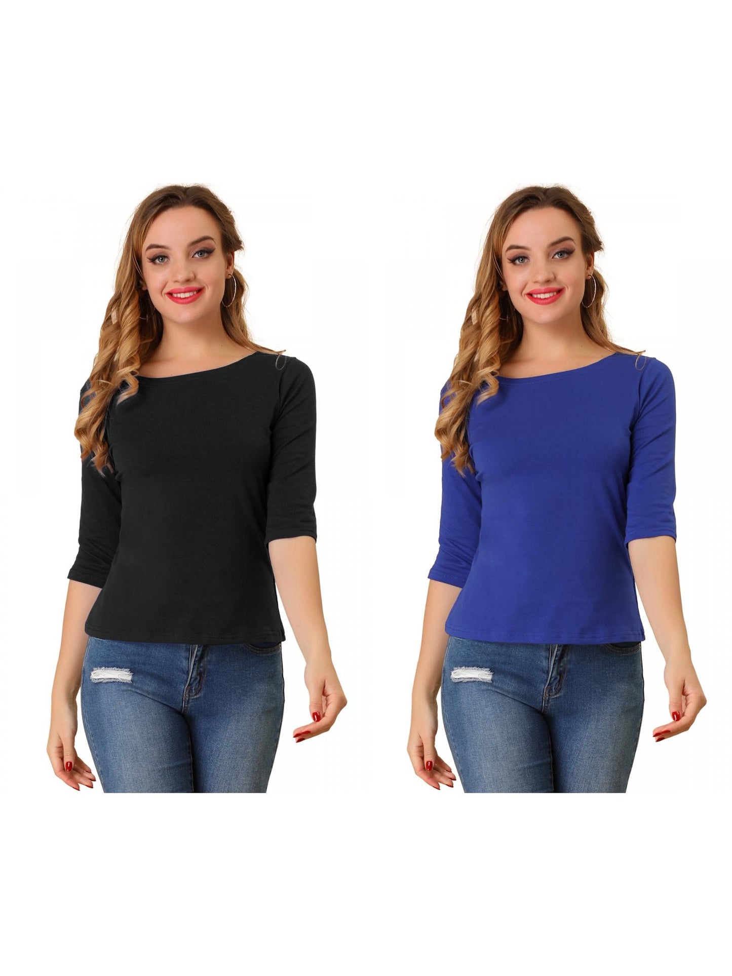 [PACK SALES] Women's 2 Pieces Elbow Sleeves Boat Neck Slim Fit Classic Tee