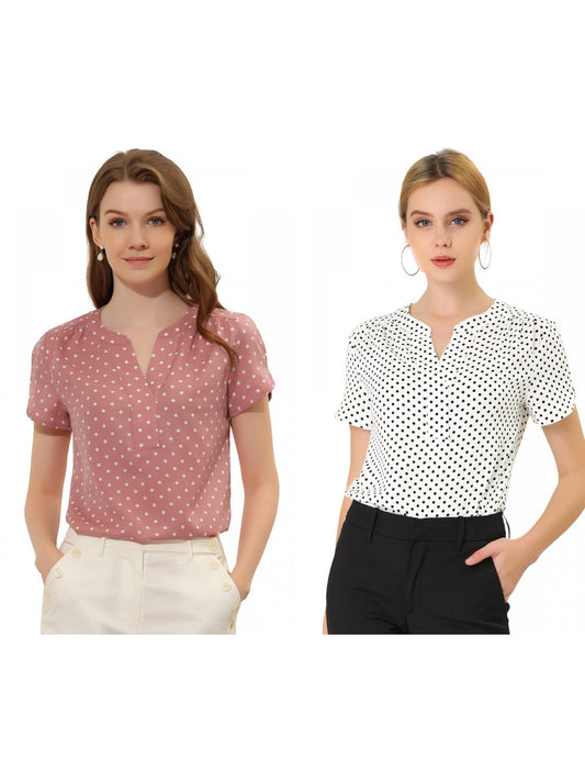 [PACK SALES] Women's 2 Pieces Dots Printed V Neck Short Sleeve Work Office Blouse Top