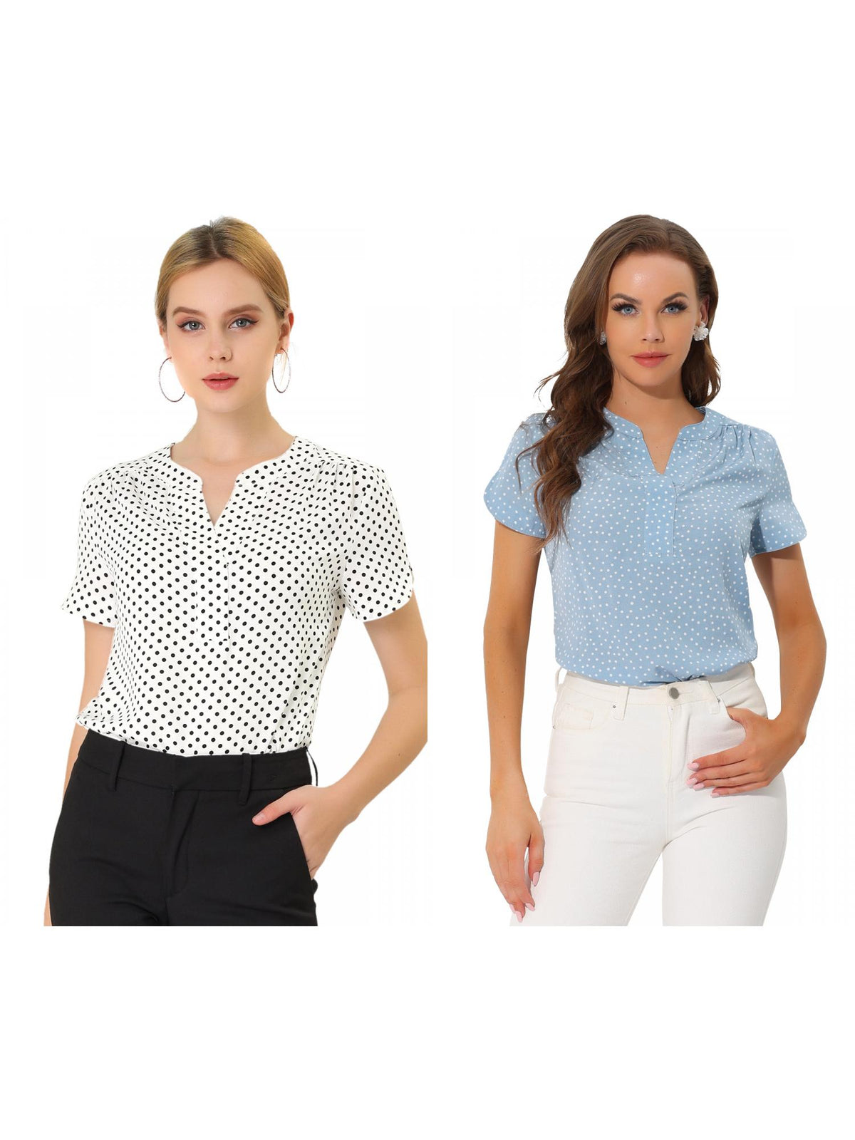 [PACK SALES] Women's 2 Pieces Dots Printed V Neck Short Sleeve Work Office Blouse Top