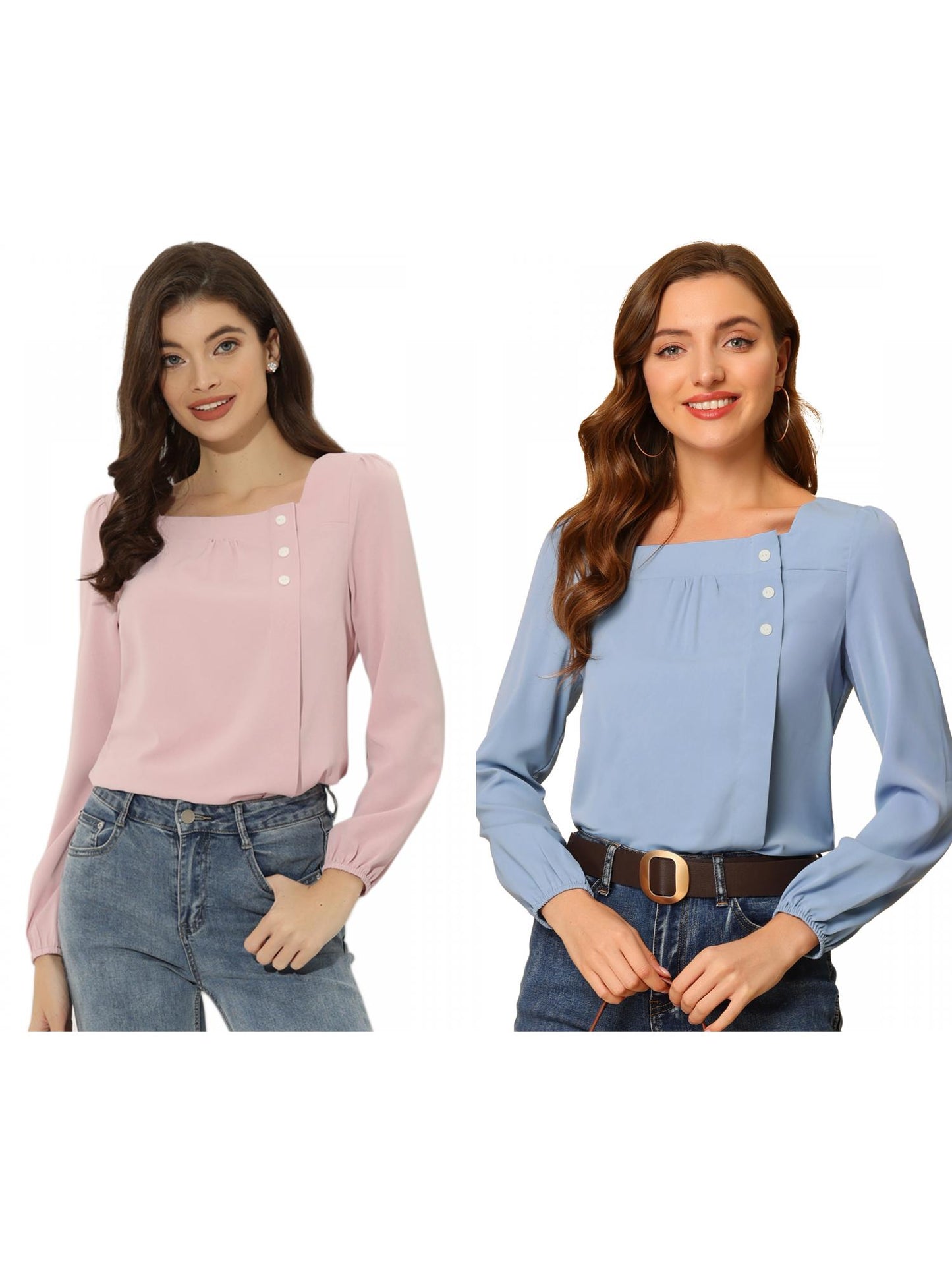 [PACK SALES] Women's 2 Pieces Pleated Front Casual Long Sleeve Square Neck Blouse