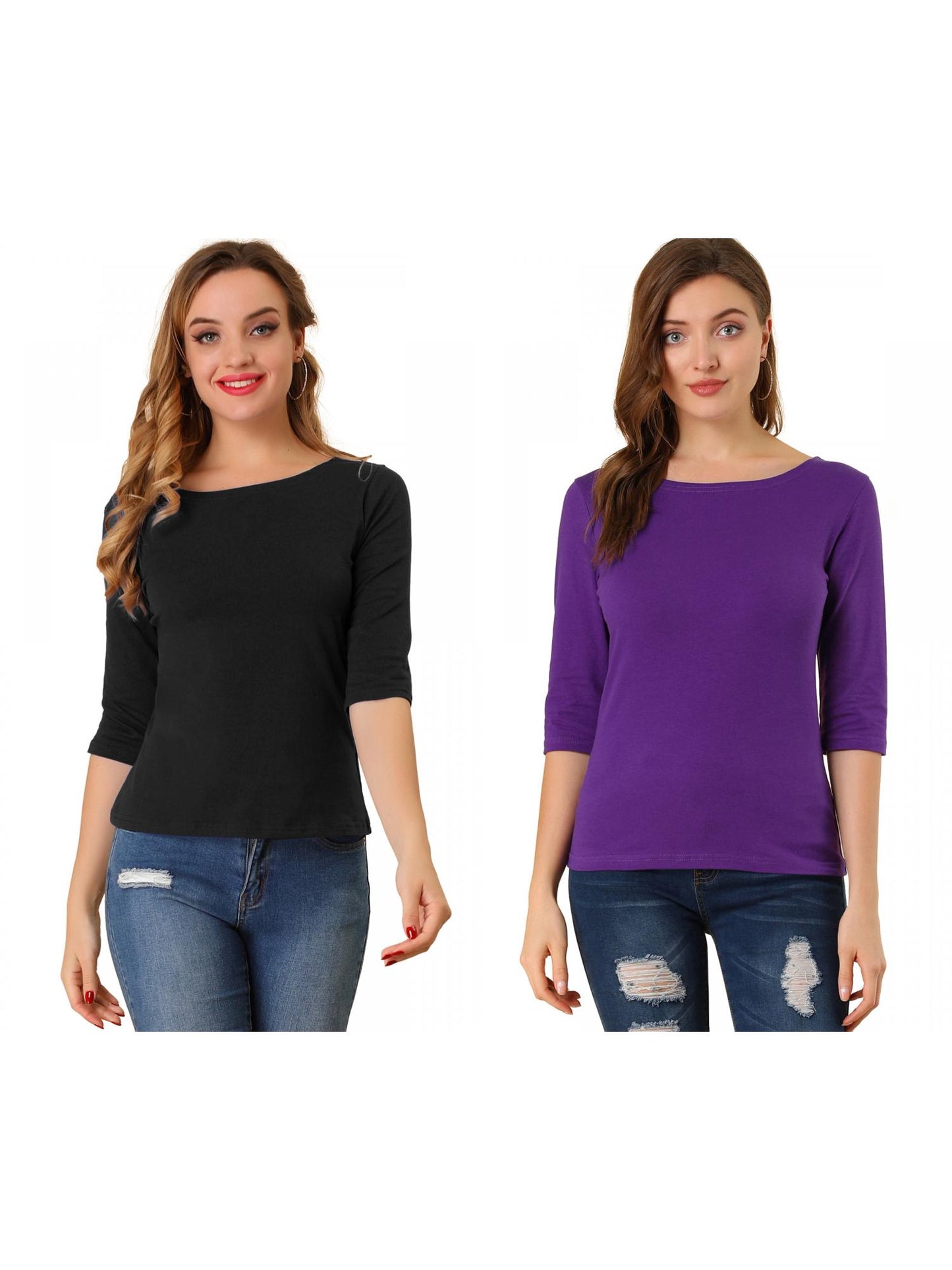 [PACK SALES] Women's 2 Pieces Elbow Sleeves Boat Neck Slim Fit Classic Tee