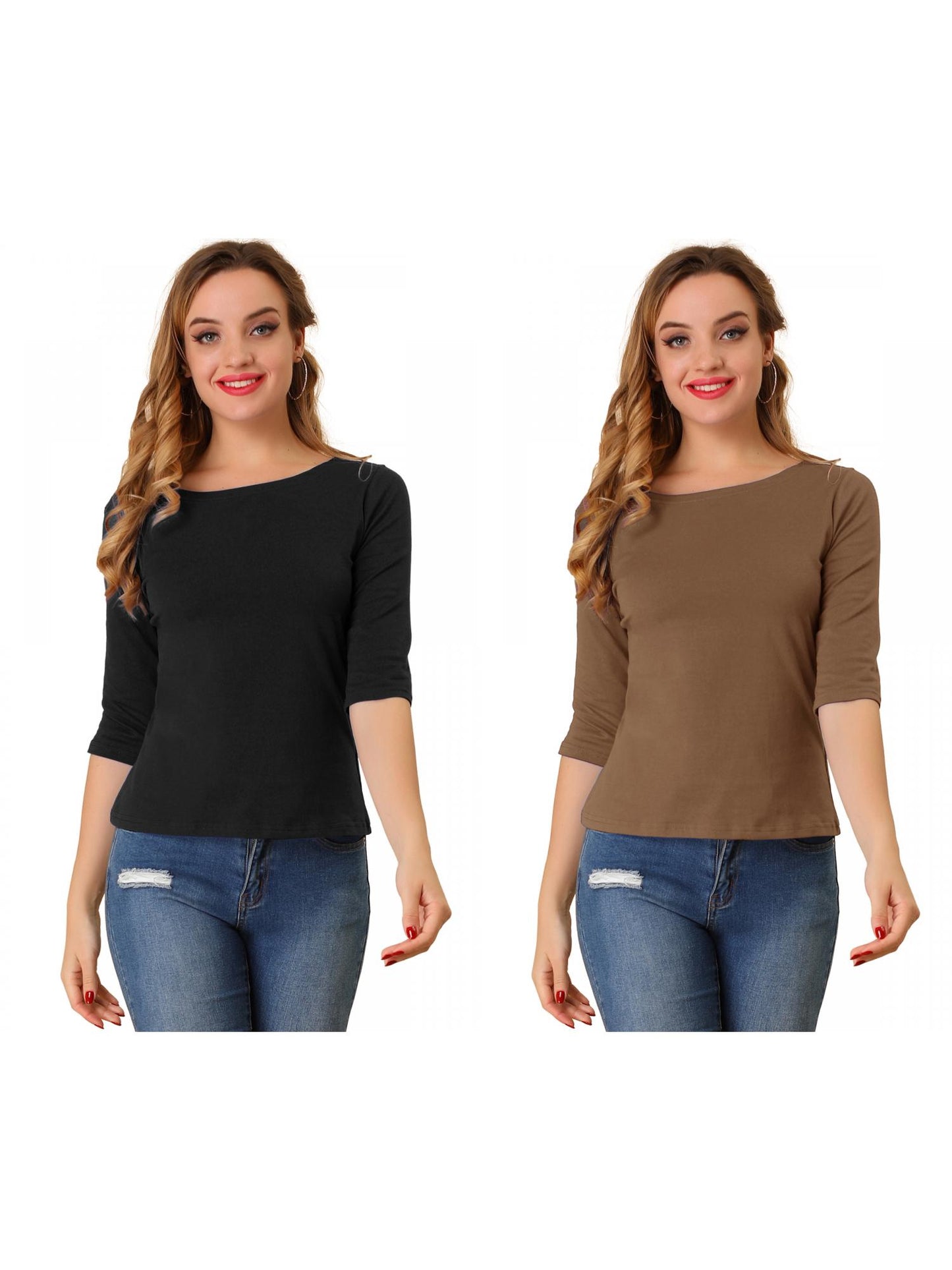 [PACK SALES] Women's 2 Pieces Elbow Sleeves Boat Neck Slim Fit Classic Tee