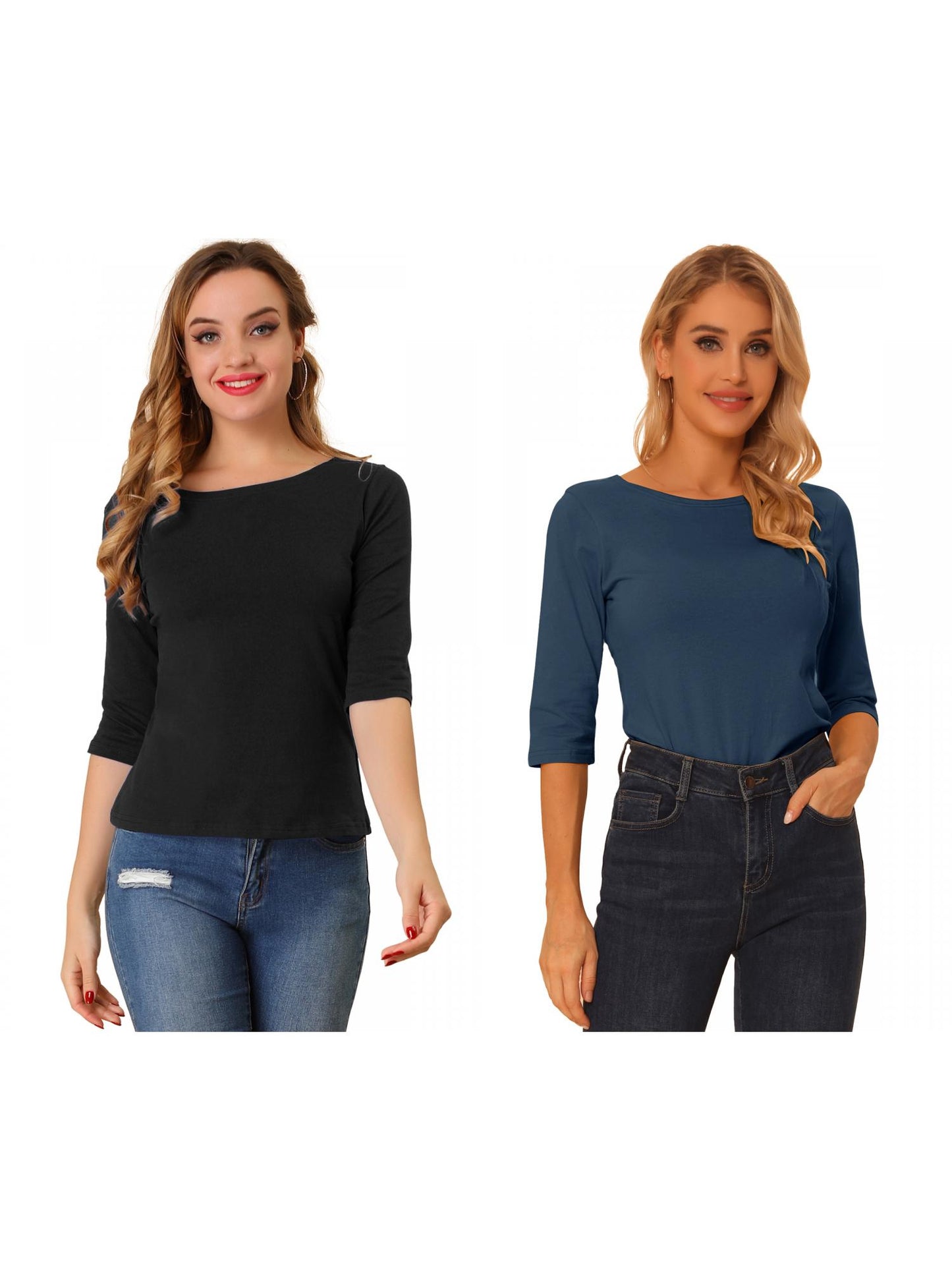 [PACK SALES] Women's 2 Pieces Elbow Sleeves Boat Neck Slim Fit Classic Tee