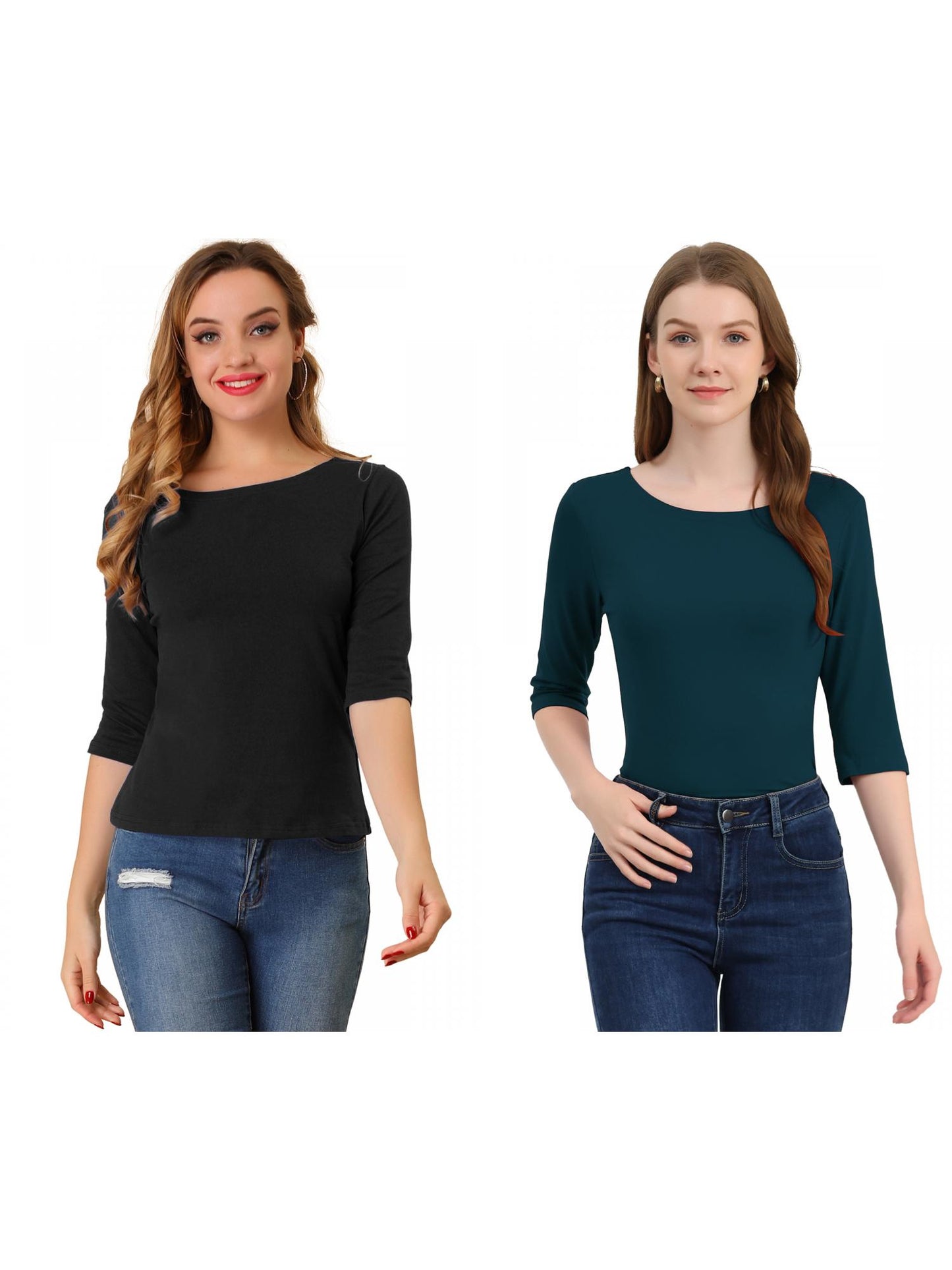 [PACK SALES] Women's 2 Pieces Elbow Sleeves Boat Neck Slim Fit Classic Tee