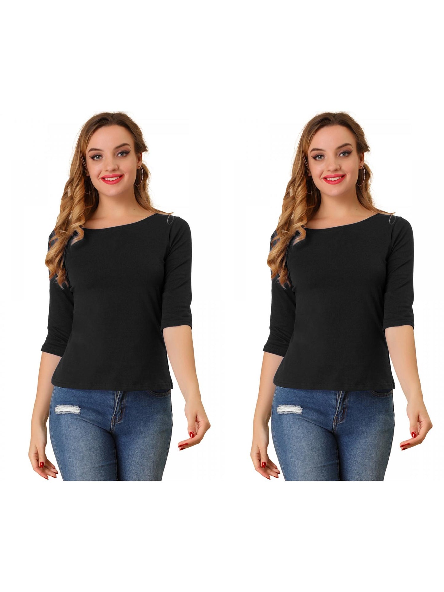 [PACK SALES] Women's 2 Pieces Elbow Sleeves Boat Neck Slim Fit Classic Tee