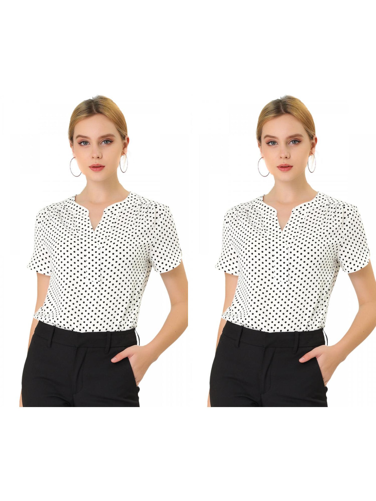 [PACK SALES] Women's 2 Pieces Dots Printed V Neck Short Sleeve Work Office Blouse Top