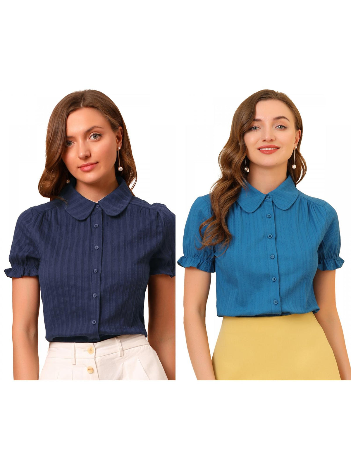 [PACK SALES] Women's 2 Pieces Cotton Frilled Top Turndown Collar Striped Shirt