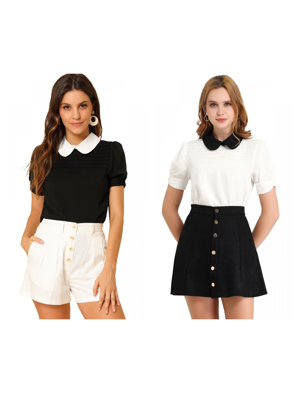 [PACK SALES] Women's 2 Pieces Contrast Peter Pan Collar Puff Short Sleeve Pleated Blosue