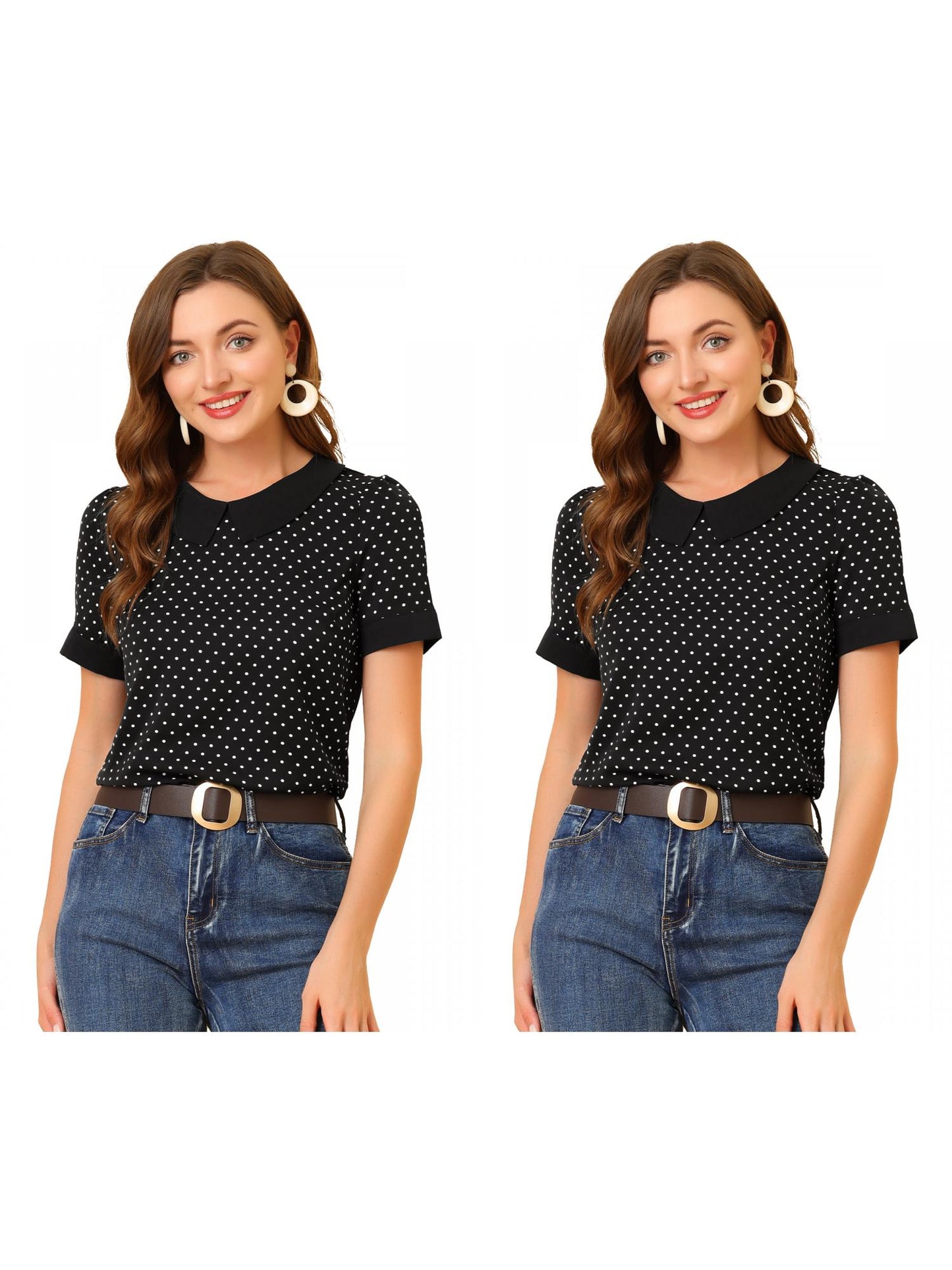 [PACK SALES] Women's 2 Pieces Contrast Peter Pan Collar Polka Dots Short Sleeve Top