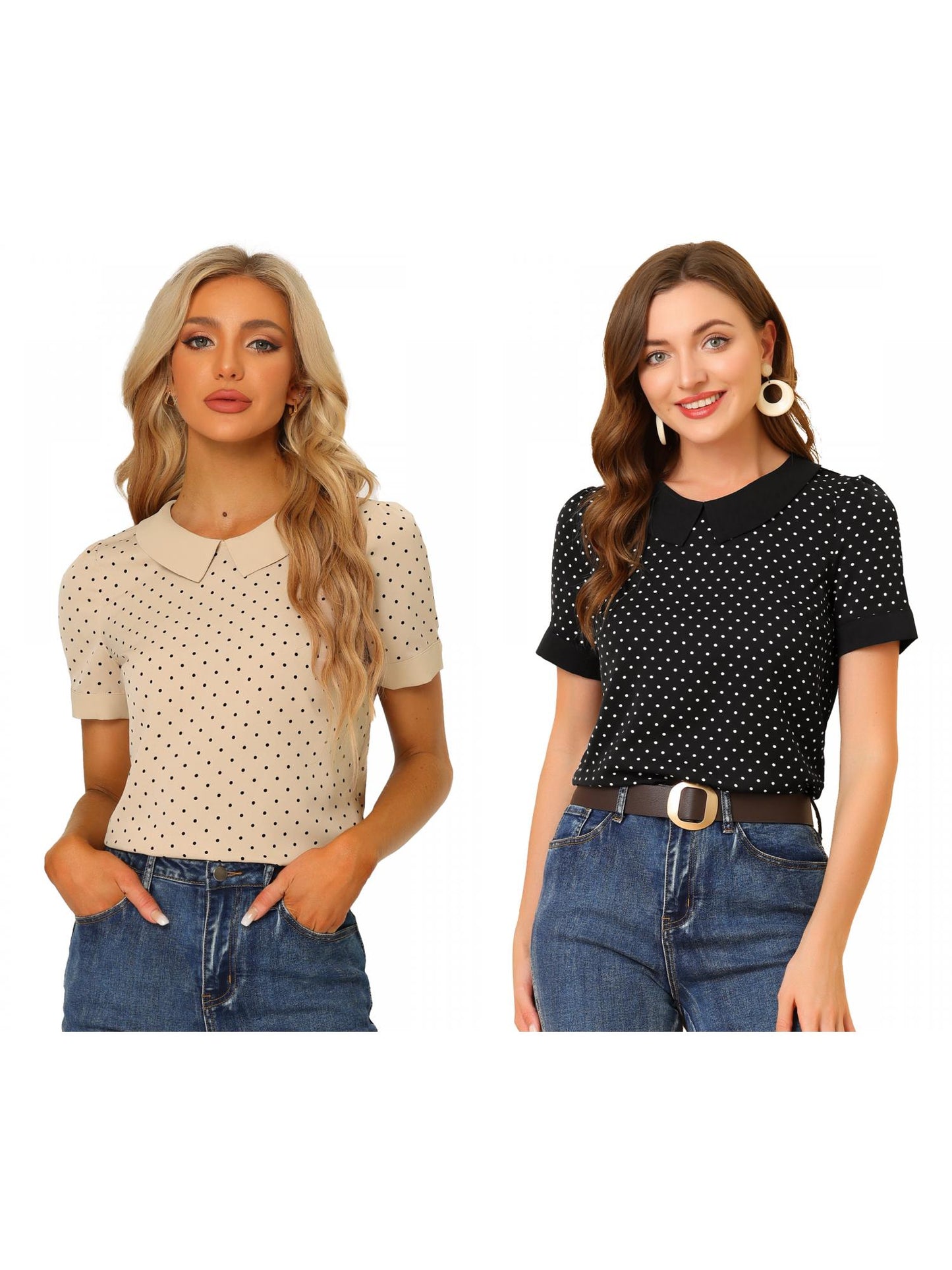 [PACK SALES] Women's 2 Pieces Contrast Peter Pan Collar Polka Dots Short Sleeve Top