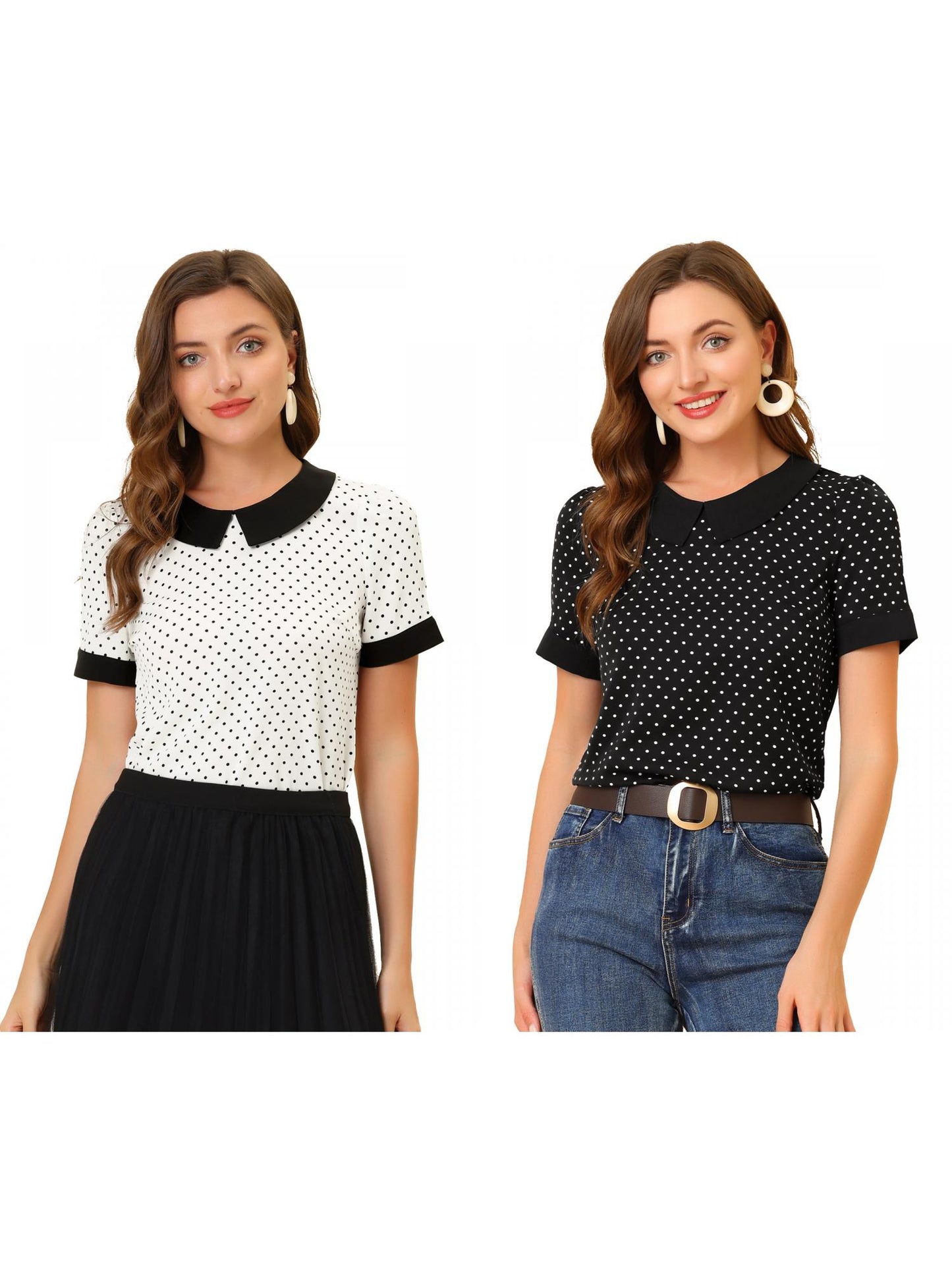 [PACK SALES] Women's 2 Pieces Contrast Peter Pan Collar Polka Dots Short Sleeve Top