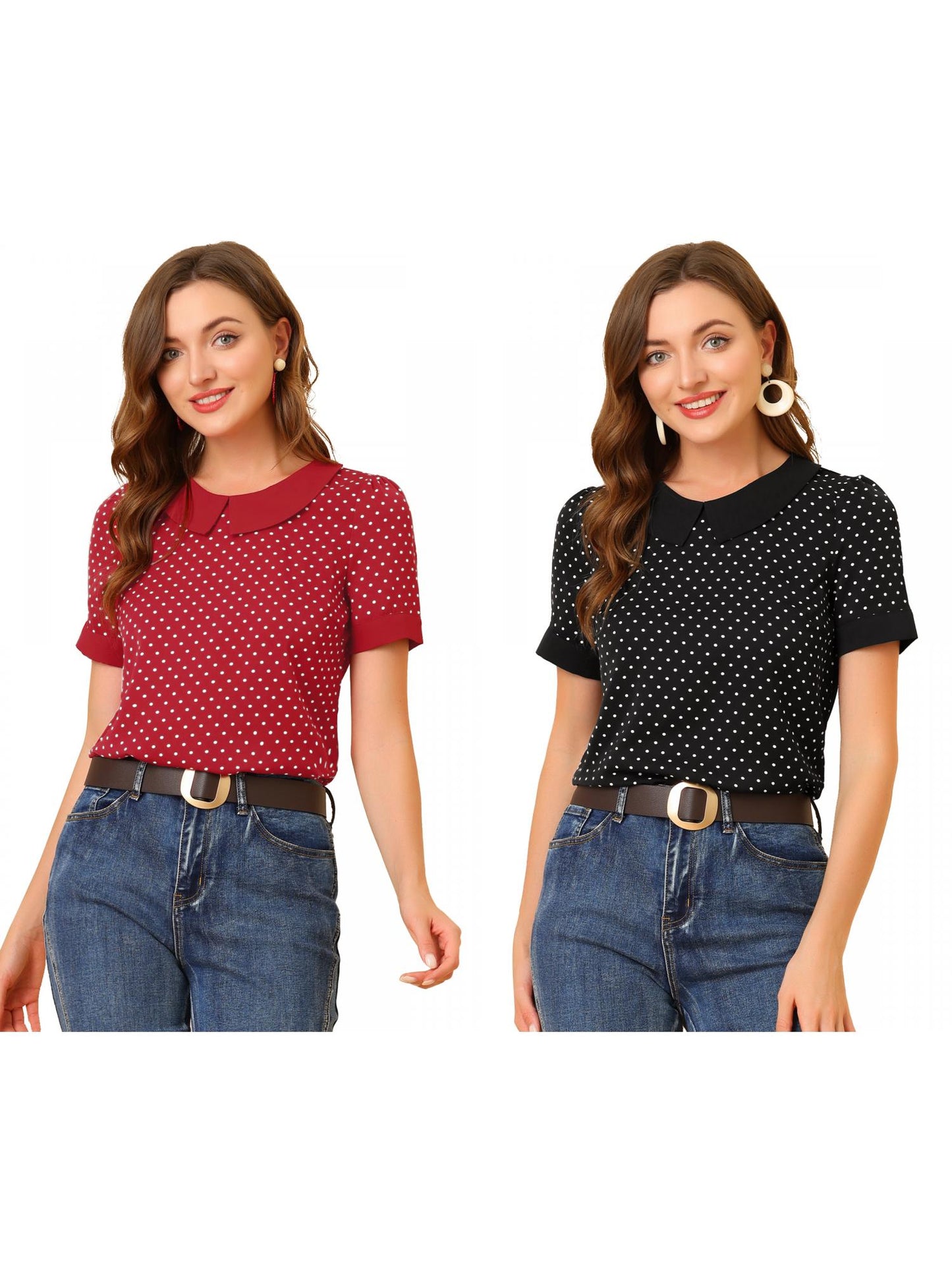 [PACK SALES] Women's 2 Pieces Contrast Peter Pan Collar Polka Dots Short Sleeve Top