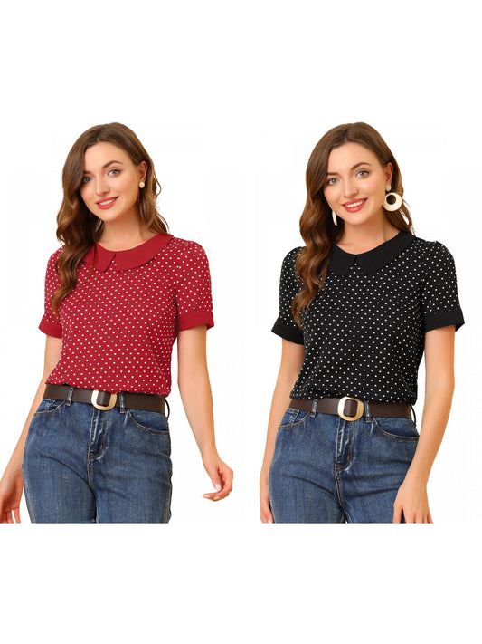 [PACK SALES] Women's 2 Pieces Contrast Peter Pan Collar Polka Dots Short Sleeve Top