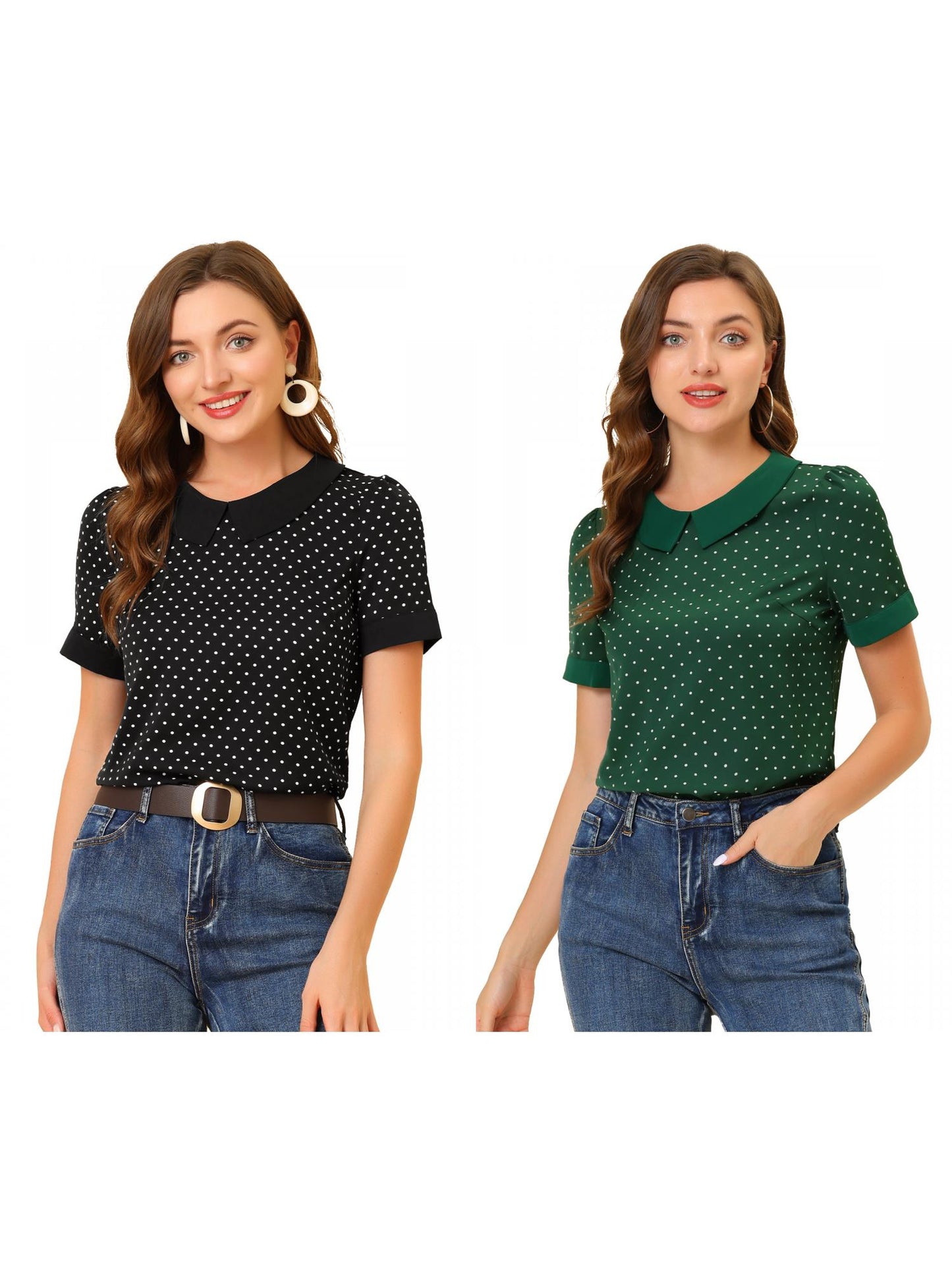 [PACK SALES] Women's 2 Pieces Contrast Peter Pan Collar Polka Dots Short Sleeve Top