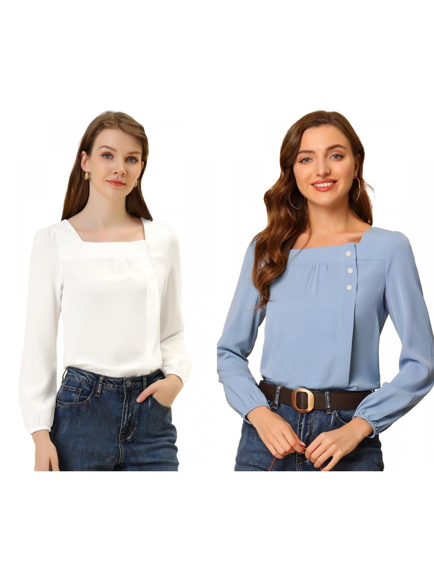 [PACK SALES] Women's 2 Pieces Pleated Front Casual Long Sleeve Square Neck Blouse