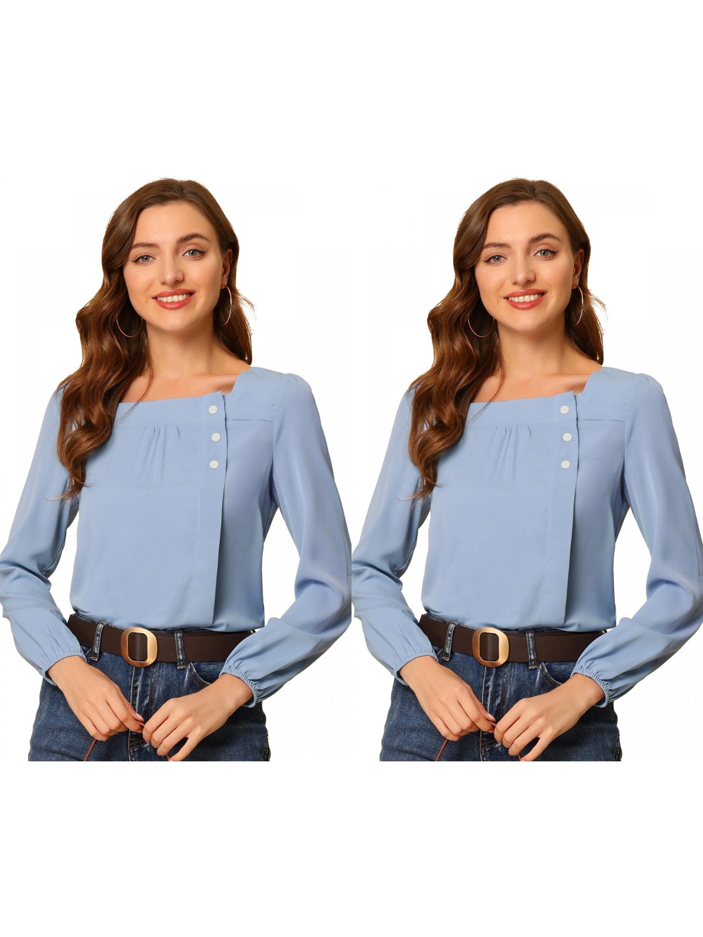 [PACK SALES] Women's 2 Pieces Pleated Front Casual Long Sleeve Square Neck Blouse
