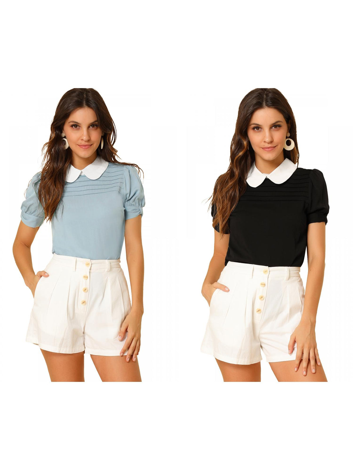 [PACK SALES] Women's 2 Pieces Contrast Peter Pan Collar Puff Short Sleeve Pleated Blosue