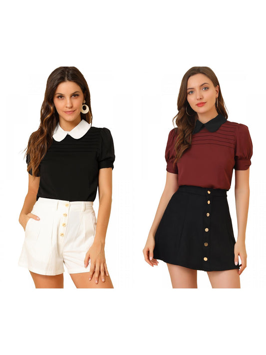 [PACK SALES] Women's 2 Pieces Contrast Peter Pan Collar Puff Short Sleeve Pleated Blosue