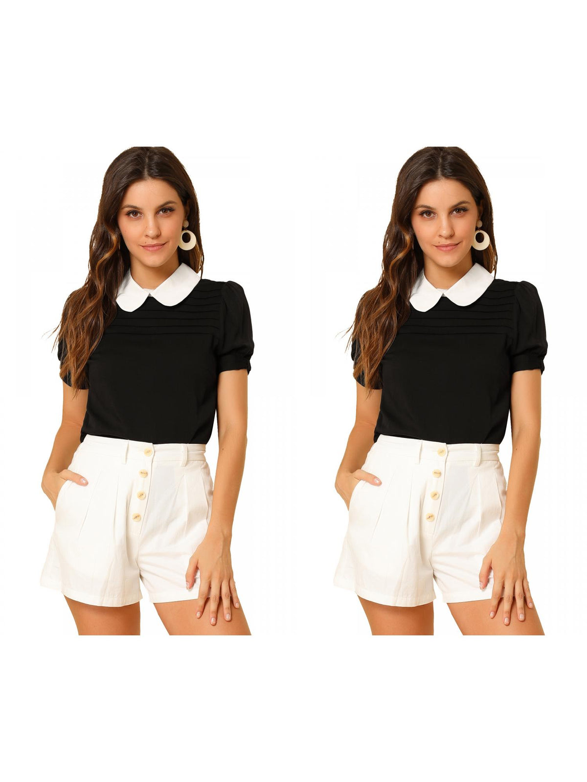 [PACK SALES] Women's 2 Pieces Contrast Peter Pan Collar Puff Short Sleeve Pleated Blosue