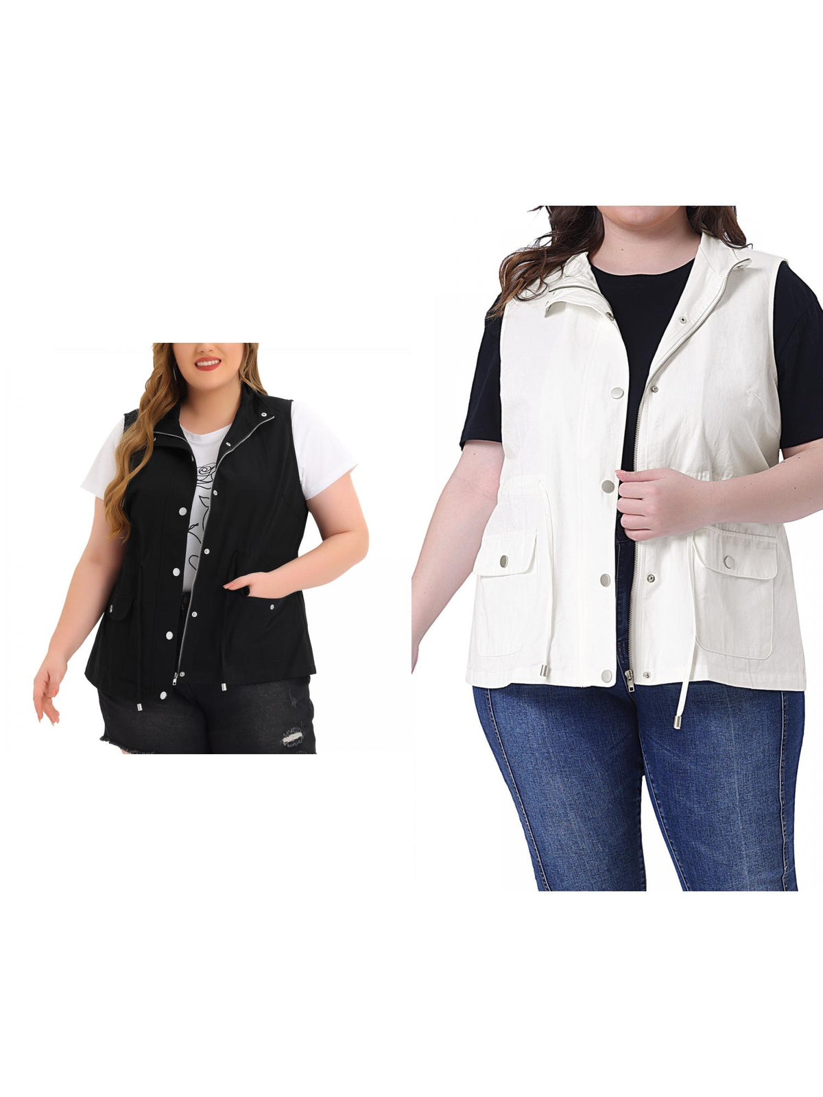[PACK SALES] Women's Plus Size 2 Pieces Cargo Pocket Drawstring Waist Vest Jacket