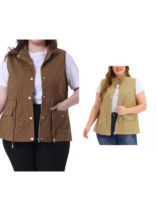 [PACK SALES] Women's Plus Size 2 Pieces Cargo Pocket Drawstring Waist Vest Jacket
