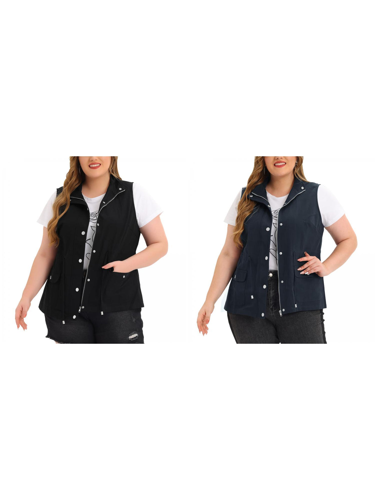 [PACK SALES] Women's Plus Size 2 Pieces Cargo Pocket Drawstring Waist Vest Jacket